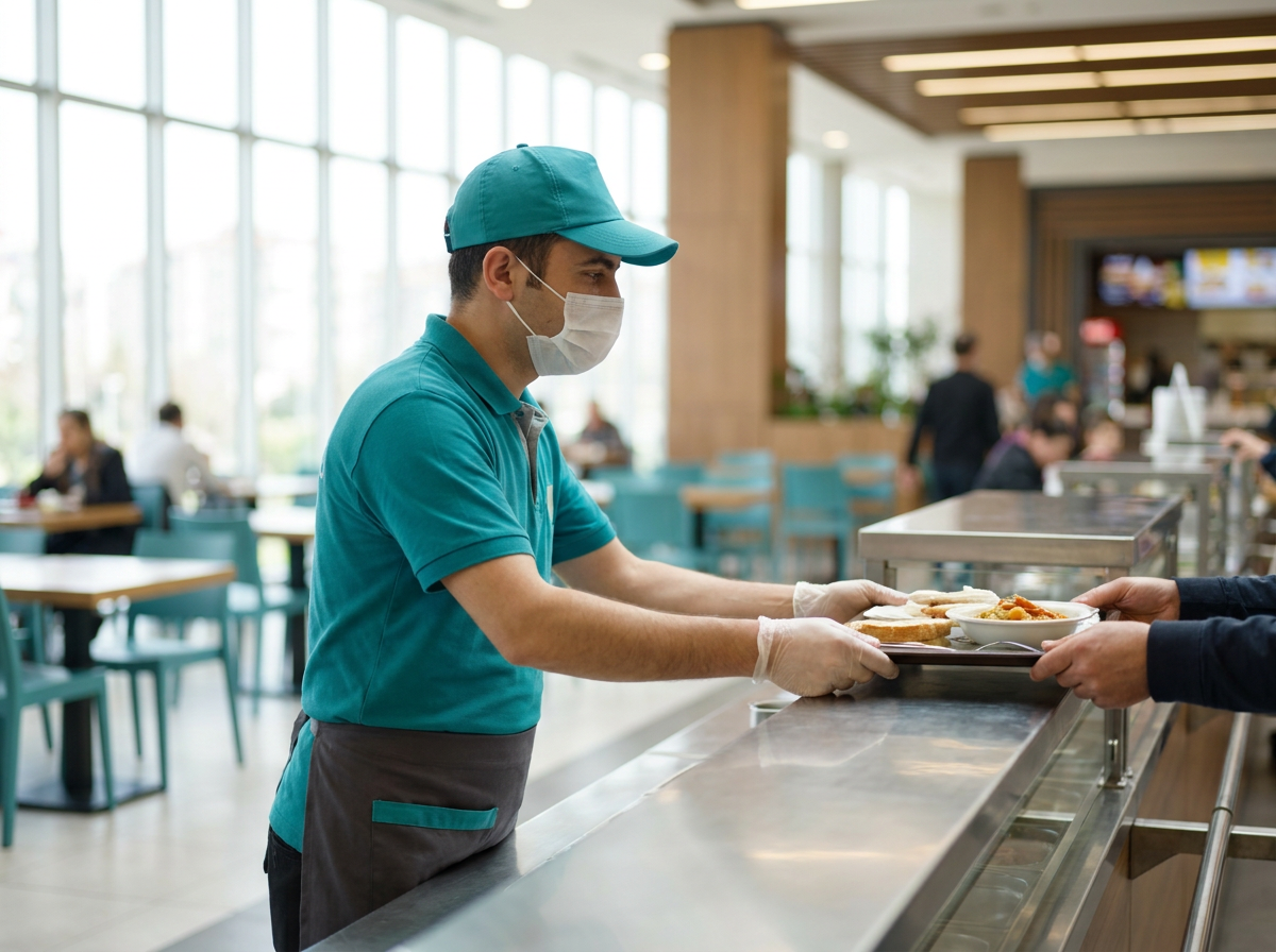 AVM food court alanında hijyen kurallarına uygun servis yapan personel