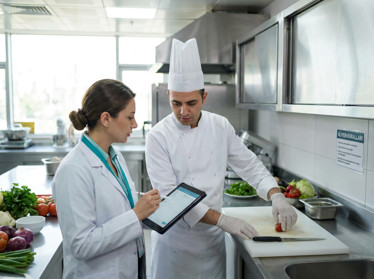 Restoran mutfağında gıda denetmeni hijyen kontrolü