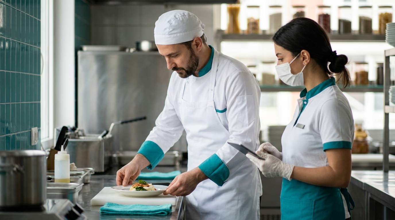 Restoran mutfağında hijyen kurallarına uyan aşçı ve servis elemanı