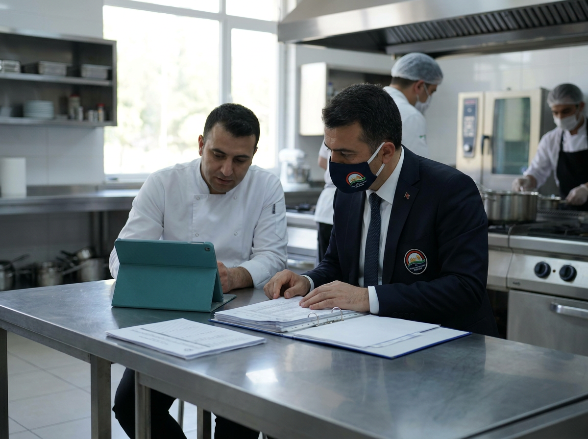 Restoran mutfağında hijyen belgesi kontrolü yapan gıda denetmeni