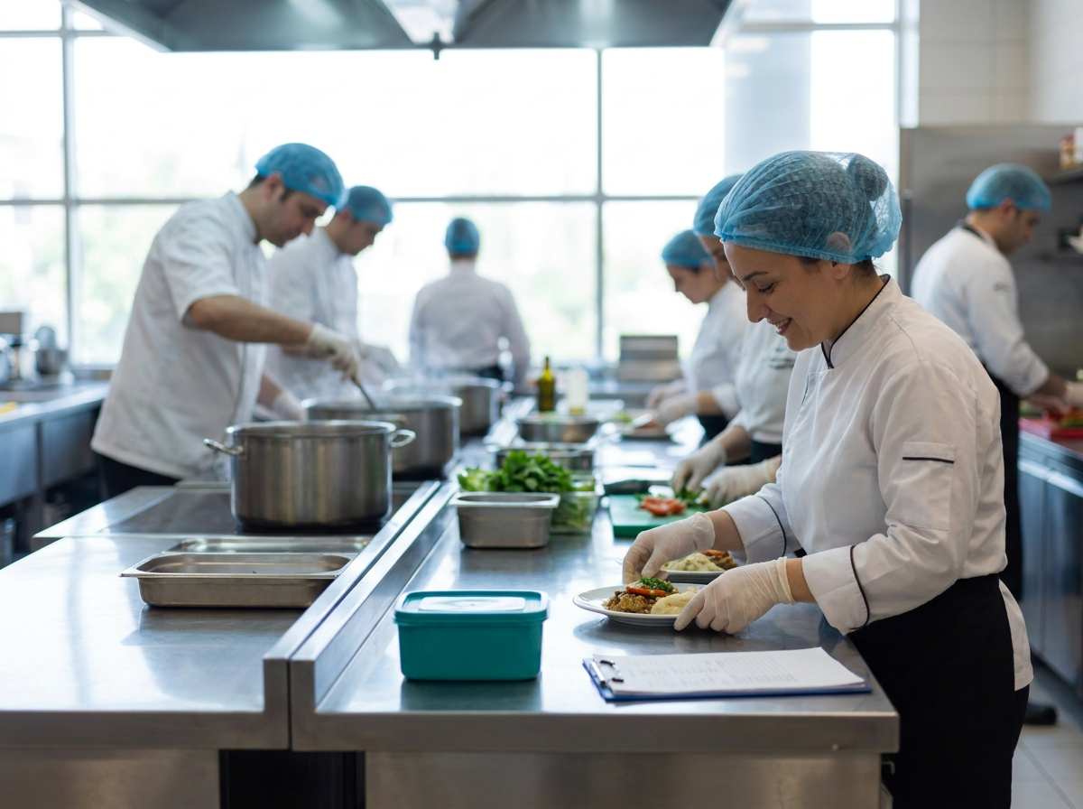 AVM food court mutfağında hijyen kurallarına uyan çalışanlar
