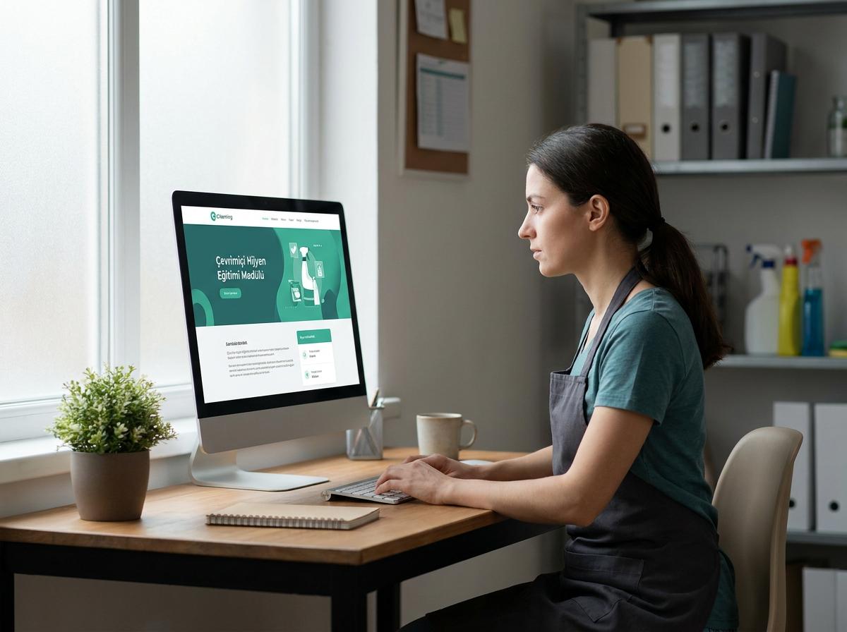 Bilgisayar başında online hijyen eğitimi alan kafe çalışanı