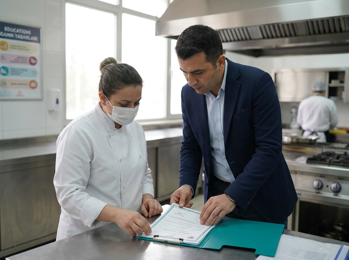 ilçe tarım müdürlüğü denetmeni restoran mutfağında hijyen belgesi kontrolü yapıyor