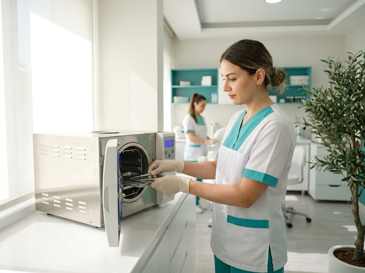 Güzellik salonunda aletleri sterilize eden uzman personel