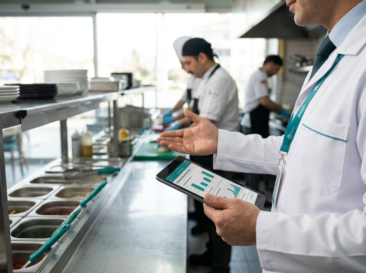 Restoran mutfağında hijyen denetimi yapan gıda kontrolörü
