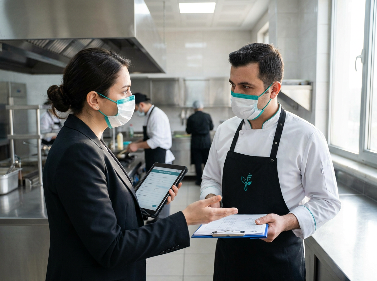 Restoran mutfağında evrak kontrolü yapan gıda denetmeni